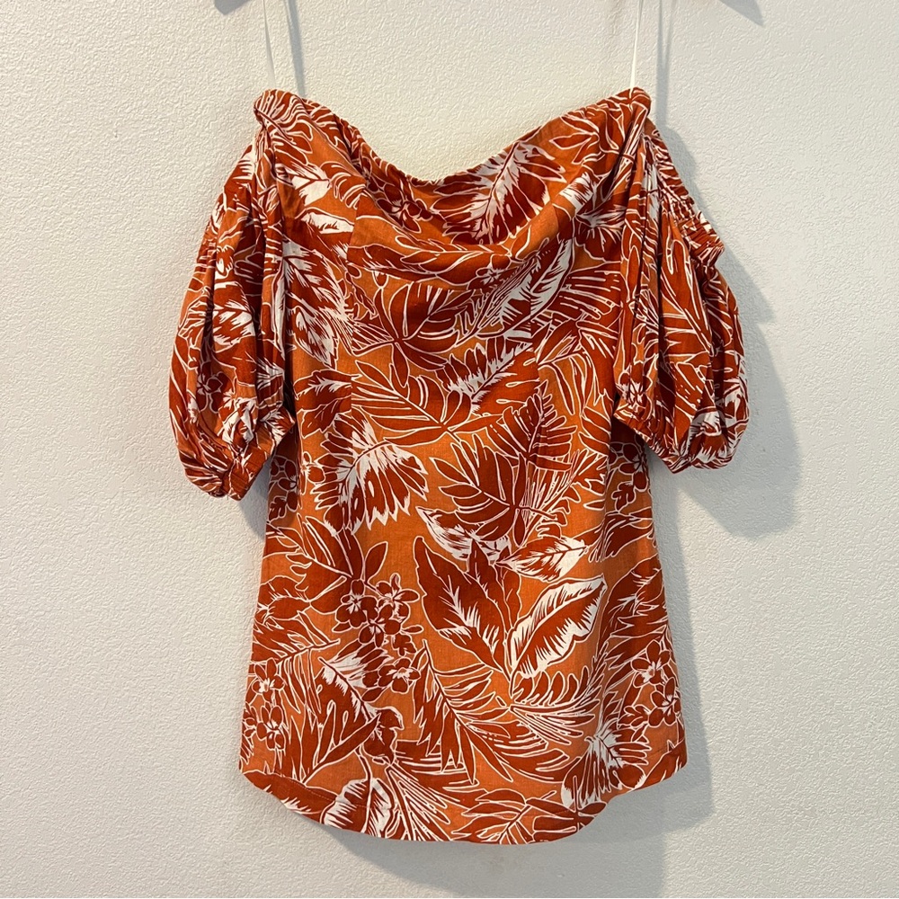 Forever 21 Flax Linen Orange Tropical Floral Off-Shoulder Mini Dress Size M‎